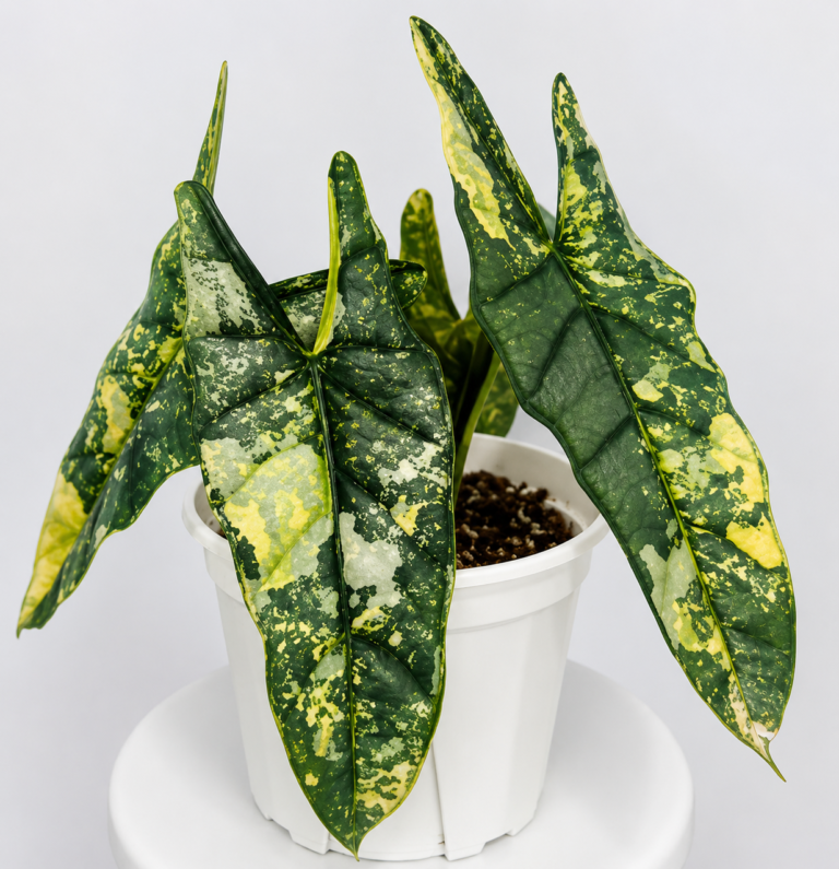 Alocasia Heterophylla Metallic Blue Aurea Variegated tissue culture plantlet in sterile container
