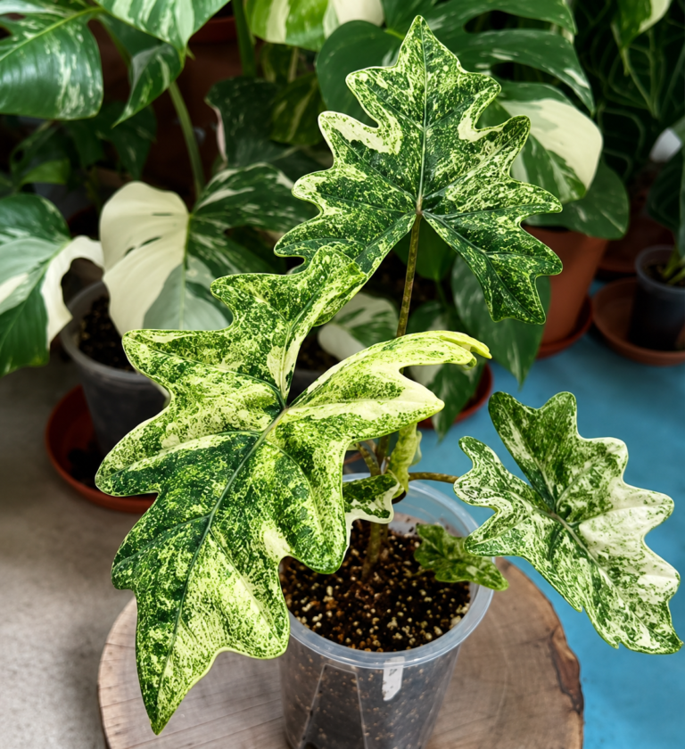 Alocasia Jacklyn Aurea Variegated tissue culture plantlet in sterile container