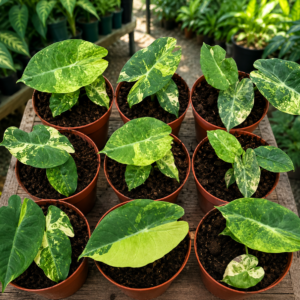 Alocasia Pink Dragon Aurea Variegated tissue culture plantlet in sterile container