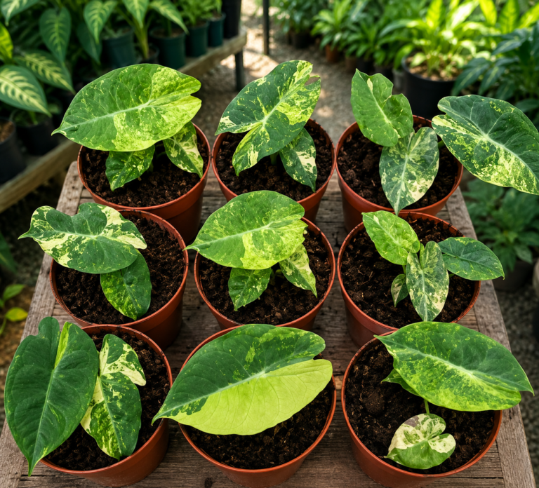 Alocasia Pink Dragon Aurea Variegated tissue culture plantlet in sterile container